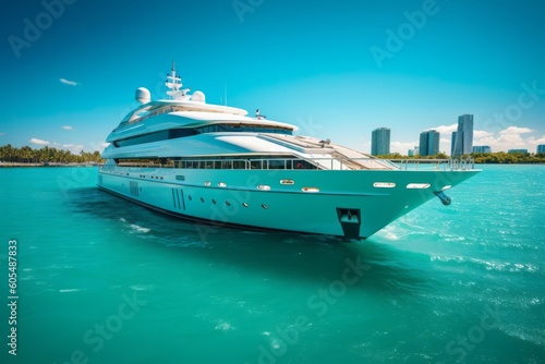 A panoramic view of a luxury yacht cruising along the coastline, surrounded by crystal-clear turquoise waters and a cloudless sky. Generative AI © bluebeat76