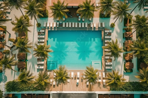 An overhead shot of a poolside lounge area with palm trees, cabanas, and people relaxing in stylish swimsuits, evoking the glamorous Miami beach lifestyle. Generative AI