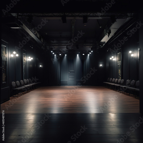 Free stage with lights, lighting devices on the concert. Neon light dark street background. Bright floor of small theater empty stage. Realistic 3D illustration. Generative AI
