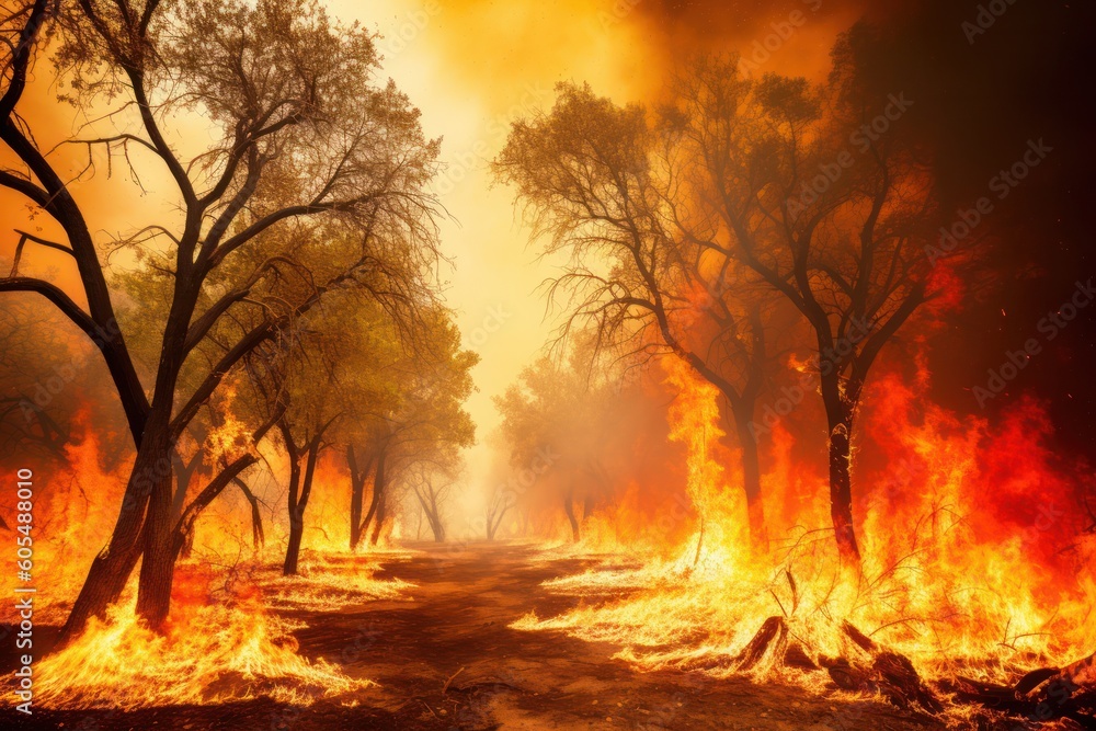 Forest wildfire, Charred trees, fire glow and smoke. Natural disaster as a result of climate change Forest wildfire, Charred trees, fire glow and smoke. Natural disaster as a result of climate change