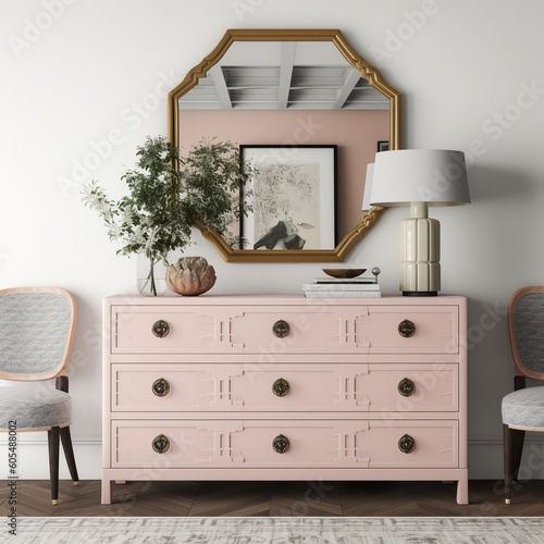 Vintage wooden cupboard shabby chic style. Single dresser near wall in bedroom. Chest of six lacquered drawers, bedroom decor with frame and accessories. Realistic 3D illustration. Generative AI