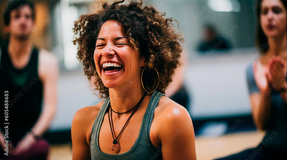 Black woman smiling in yoga class. Generative AI