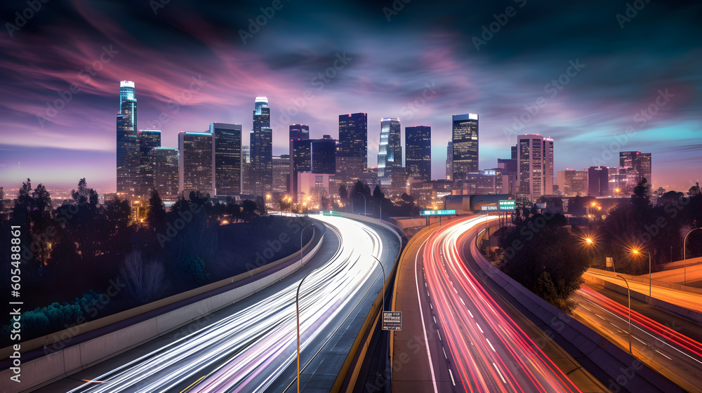 Fast-paced city skyline, Generative AI
