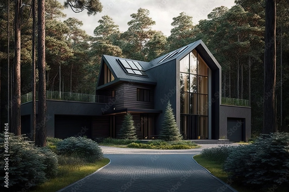 Sofisticated modern European two story house in the woods. Generative ...