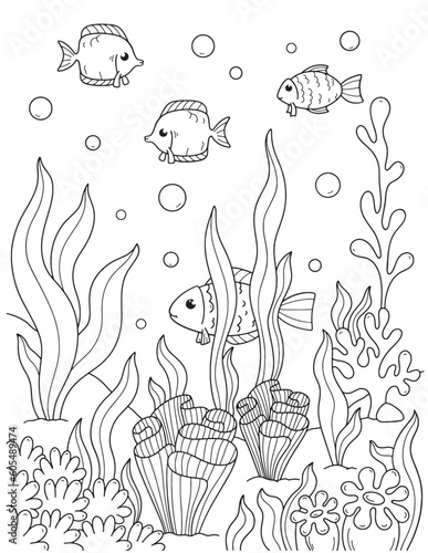 Black and white page for baby coloring book. Illustration of cute fishes swimming underwater. Printable for kids. Worksheet for children and adults. Hand-drawn vector image. Fish coloring pages.