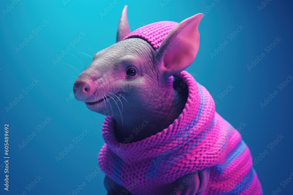 Anthropomorphic Armadillo dressed in human clothing. Humanized animal concept. AI generated, human enhanced