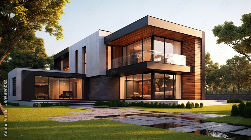 Modern villa exterior, luxury residential house with big windows, generative AI. Stock
