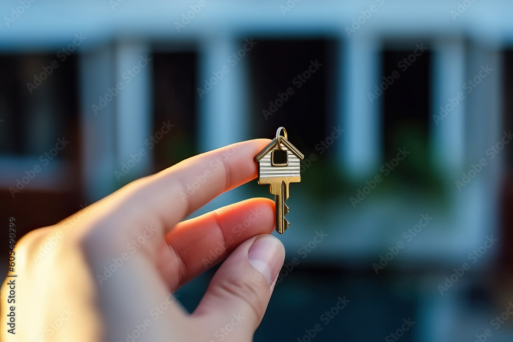 Photo of a person holding a house-shaped key, symbolizing the ownership of a new home in the real estate market