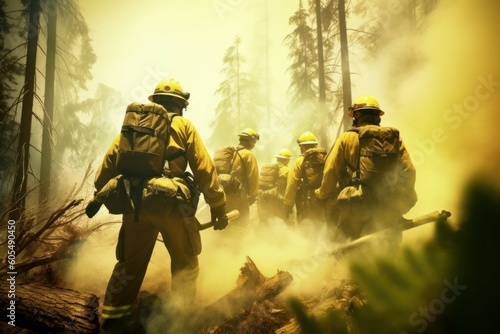 Tablou canvas Firefighters on fighting forest fire, emergency concept