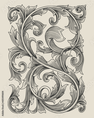 Vintage baroque frame leaf scroll floral ornament engraving drawing style. Antique design vector illustration