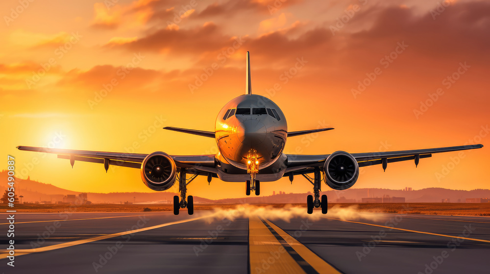 Airplane taking off in the rays of the setting sun. Runway shot of plane taking off at sunset. Generative AI Airplane taking off in the rays of the setting sun. Runway shot of plane taking off at sunset. Generative AI