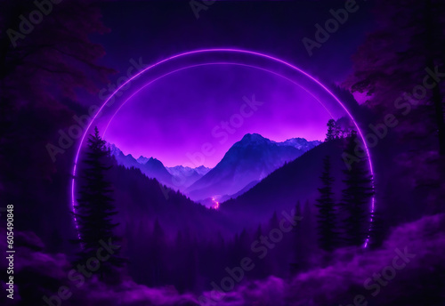Purple semi circle glowing neon light on dark mountain landscape from Generative AI