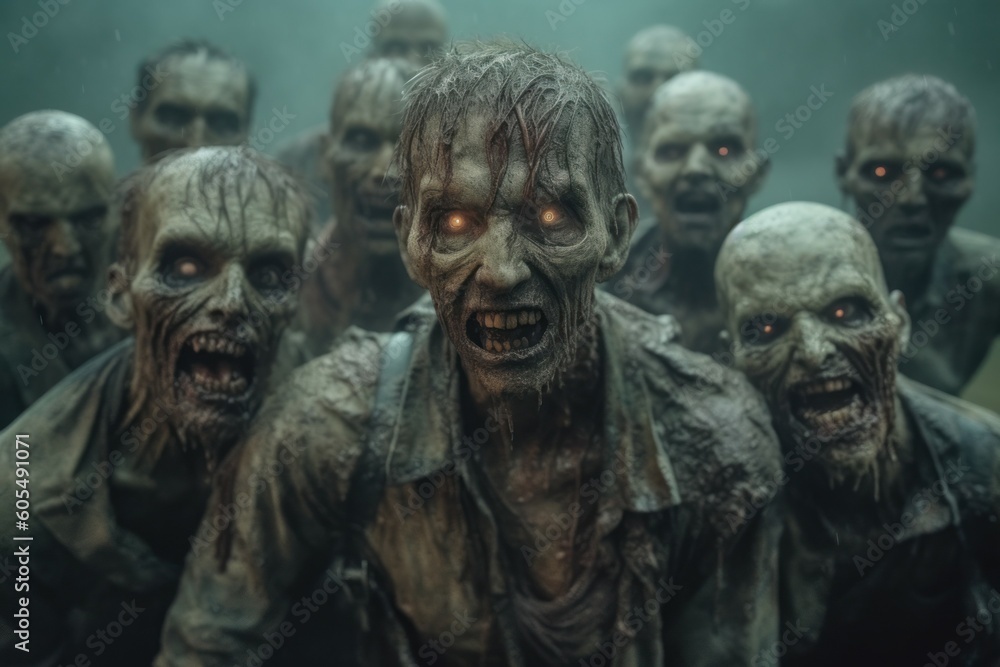 A group of zombies or a crowd of monsters, a horror concept. AI generated, human enhanced