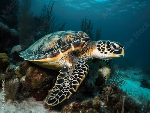 Hawksbill Turtle: endangered animals, endangered species, endangered marine life, species survival. Generative art, Generative AI. © luart