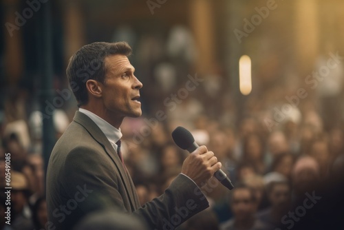 Male speaker at a public speech in front of a crowd of people. AI generated, human enhanced