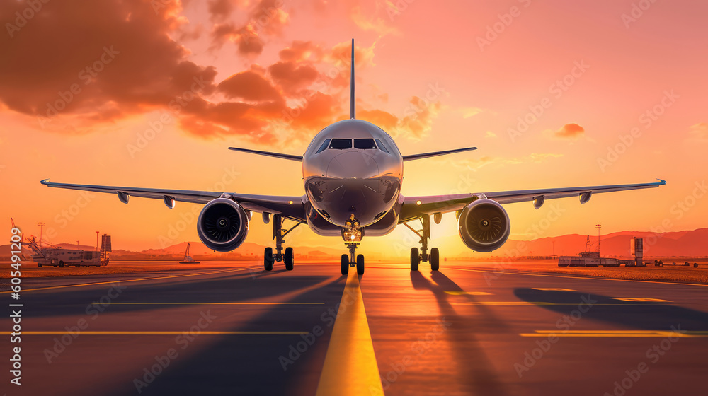 Airplane taking off in the rays of the setting sun. Runway shot of plane taking off at sunset. Generative AI - obrazy, fototapety, plakaty 