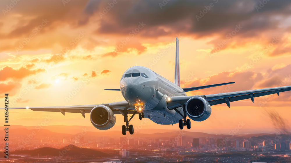 Airplane taking off in the rays of the setting sun. Runway shot of plane taking off at sunset. Generative AI Airplane taking off in the rays of the setting sun. Runway shot of plane taking off at sunset. Generative AI