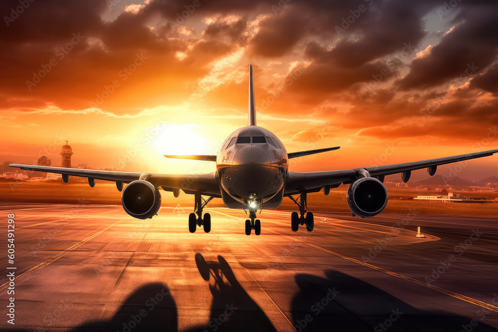Airplane taking off in the rays of the setting sun. Runway shot of plane taking off at sunset. Generative AI Airplane taking off in the rays of the setting sun. Runway shot of plane taking off at sunset. Generative AI