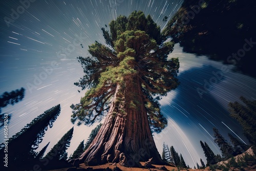 Tilt shift looking up of a giant sequoia time lapse tree nature. Generative AI AIG15.