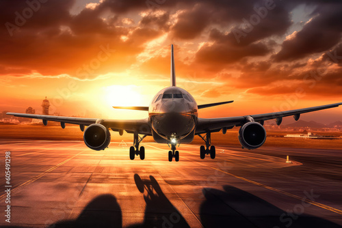Airplane taking off in the rays of the setting sun. Runway shot of plane taking off at sunset. Generative AI