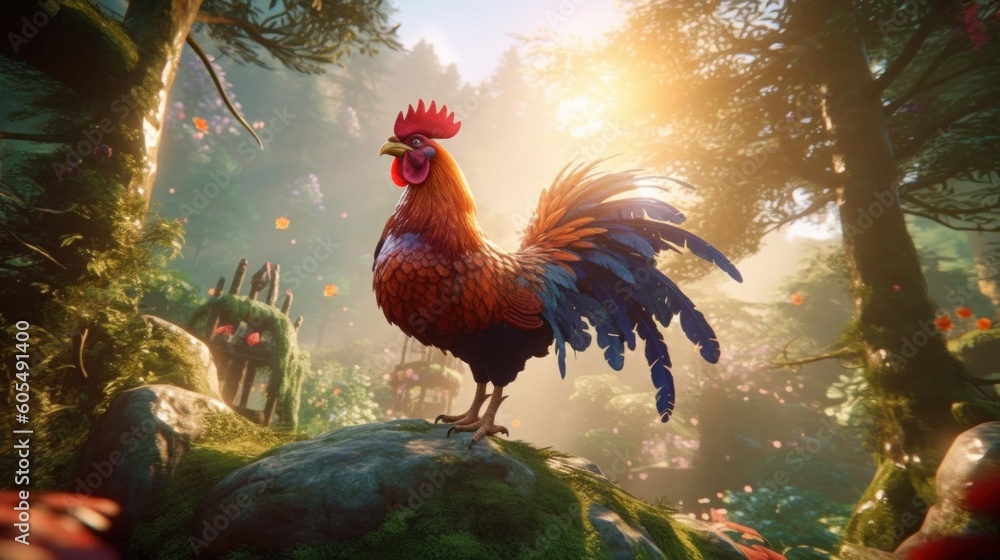 A rooster in the forest illustration. Generative AI.