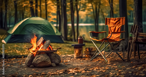 Beautiful bonfire with burning firewood near chairs and camping tent in forest. Campfire by a chairs and a tent	 photo