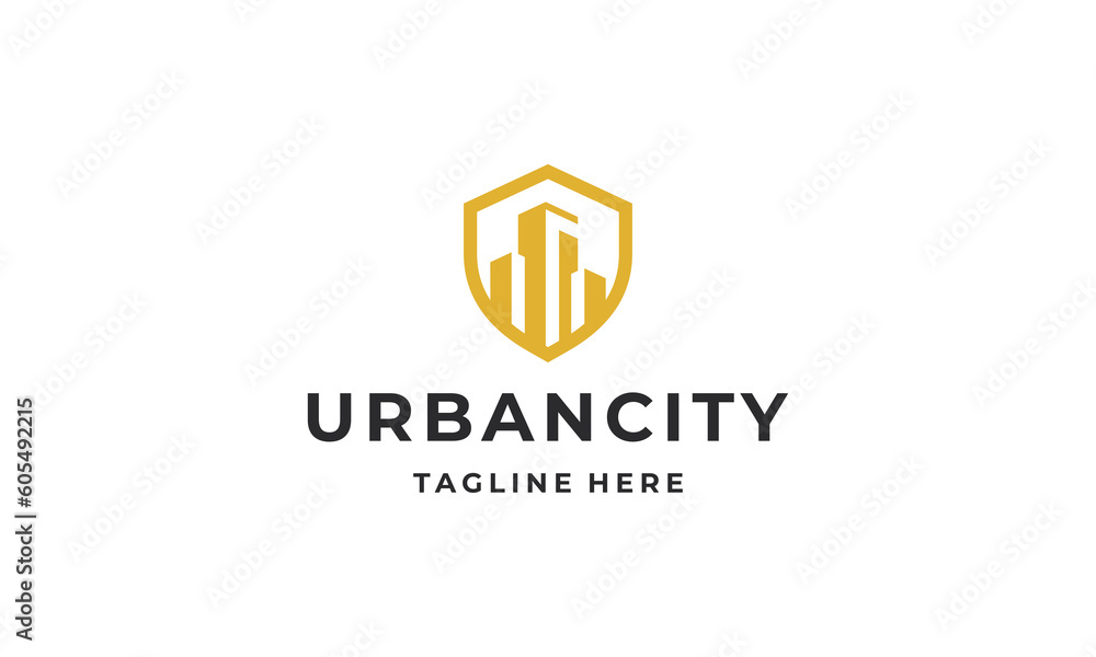 Urban city with shield shape logo design vector Urban city with shield shape logo design vector