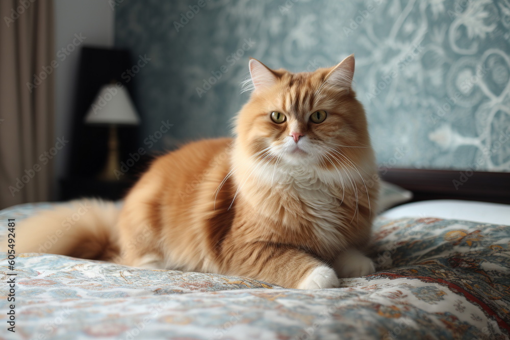 Red persian cat lying down on bed in pet's hotel, generative ai