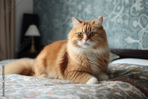 Red persian cat lying down on bed in pet's hotel, generative ai