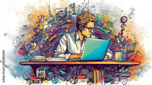 Generative AI A man sits at a desk  working on his laptop. The scene is styled in a Memphis aesthetic  featuring vibrant colors and bold patterns.