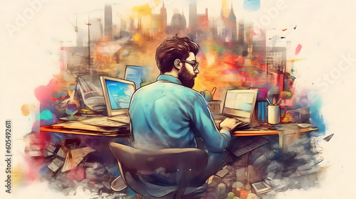 Generative AI A man sits at a desk, working on his laptop. The scene is styled in a Memphis aesthetic, featuring vibrant colors and bold patterns.
