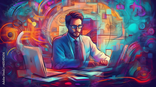 Generative AI A man sits at a desk, working on his laptop. The scene is styled in a Memphis aesthetic, featuring vibrant colors and bold patterns.