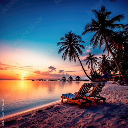 Evening landscape on a tropical island. Maldives with palm trees and sun loungers. Generative AI © keks20034