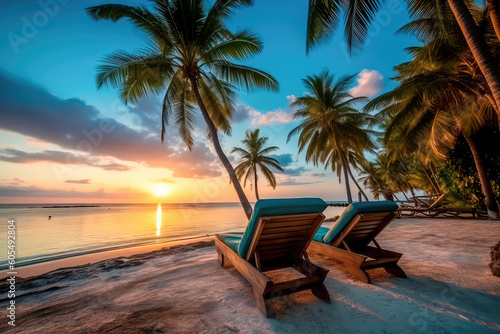 Evening landscape on a tropical island. Maldives with palm trees and sun loungers. Generative AI