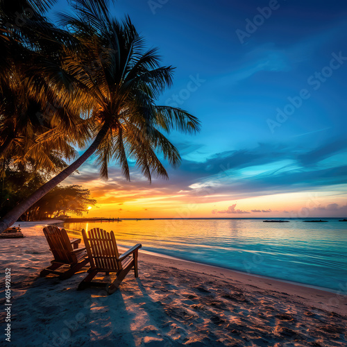Evening landscape on a tropical island. Maldives with palm trees and sun loungers. Generative AI
