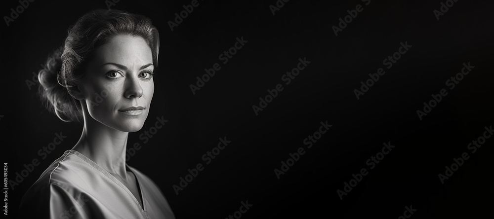 Black and white photorealistic studio portrait of a female nurse banner on black background. Generative AI illustration Black and white photorealistic studio portrait of a female nurse banner on black background. Generative AI illustration
