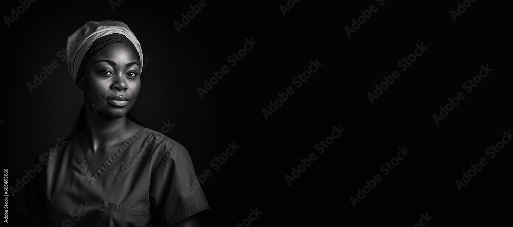 Fototapeta premium Black and white photorealistic studio portrait of a female nurse banner on black background. Generative AI illustration