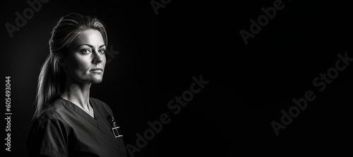 Black and white photorealistic studio portrait of a female nurse banner on black background. Generative AI illustration