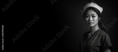 Black and white photorealistic studio portrait of a female nurse banner on black background. Generative AI illustration