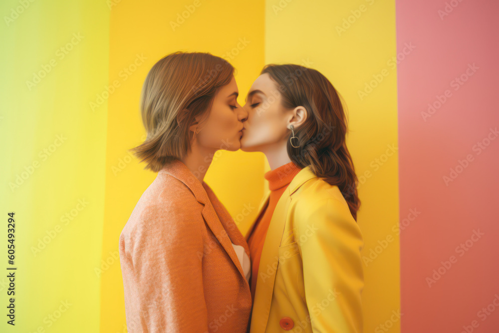 lgbtq+ two women lesbian bisexual couple kissing on pride month with