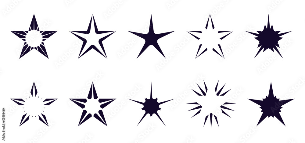 Elegant collection of stars for decorative designs or logos – Set of stars in different shapes or styles Elegant collection of stars for decorative designs or logos – Set of stars in different shapes or styles
