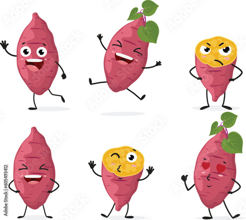 Sweet potato cartoon character set isolated on white background