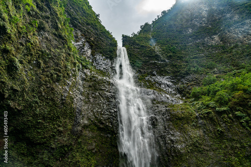 Looking up at the Hanakapiai Falls in Kauai, Hawaii