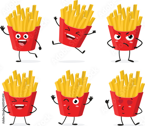 French fries cartoon character set isolated on white background