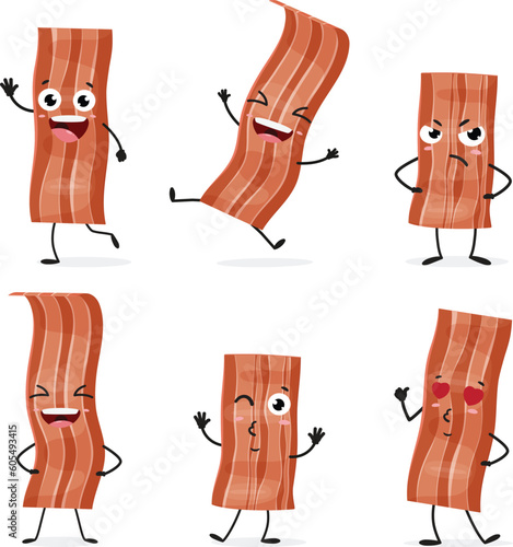 Fried bacon cartoon character set isolated on white background