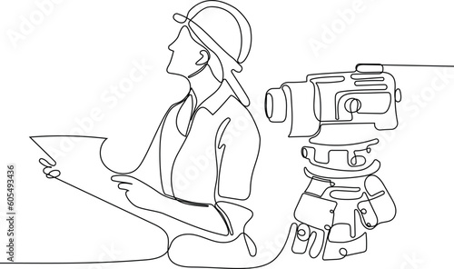Close up of Caucasian worker with helmet on head using tablet for work while standing in warehouse. Surveyor with a tripod icon. Geodesic tripod. Vector illustration