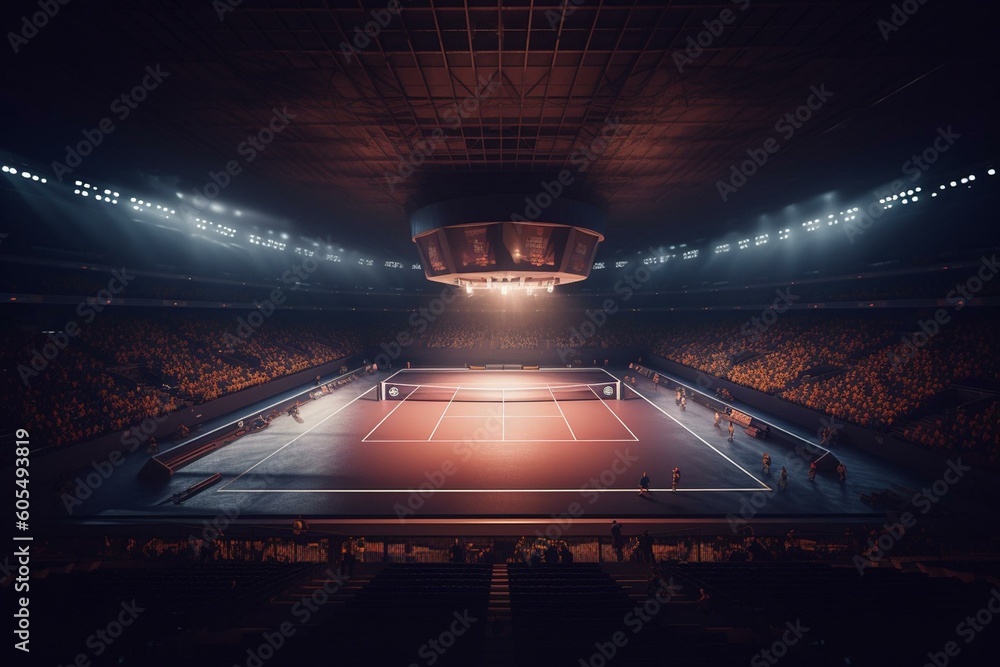 3D illustration of a lit indoor tennis court and arena with fans and