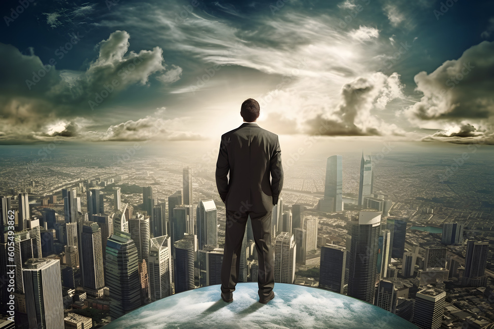 Businessman looks at skyscrapers from above. Generated AI Businessman looks at skyscrapers from above. Generated AI