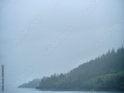 Fog and mist envelope the forest and mountains along the shores of Prince William Sound in Whittier Alaska