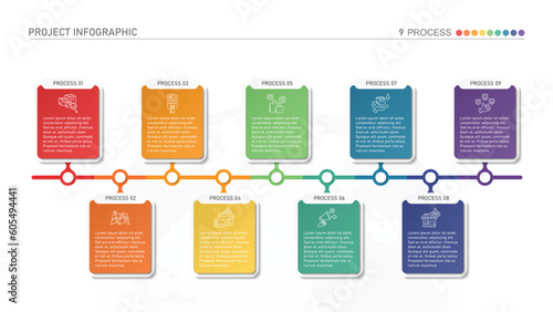 Horizontal timeline or flowchart with nine square elements and space for data. Concept of 9 successive steps of company process.